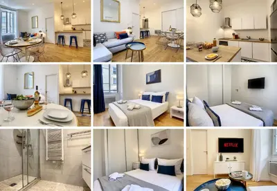 a collage of photos of a hotel room at Nestor&Jeeves - COZY MACCARANI - City Center, Close sea in Nice