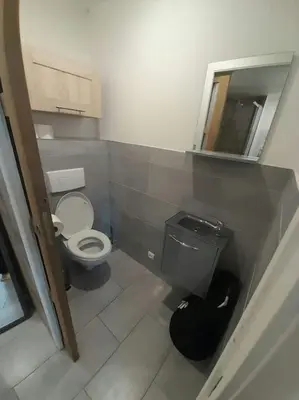 a small bathroom with a toilet and a mirror at Appartement spacieux &très calme. Spacious & very quiet apartment. in Carros