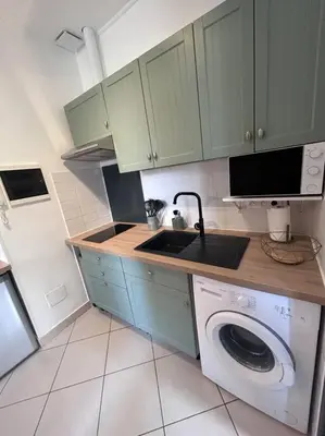 a kitchen with a sink and a washing machine at Studio dans villa proche mer in Nice
