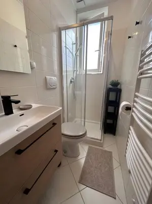 a bathroom with a shower and a toilet and a sink at Studio dans villa proche mer in Nice