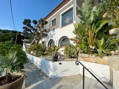 a house with a bunch of plants in front of it at Superbe appartement grande corniche vue sur mer Nice à 4 min du centre ville in Nice
