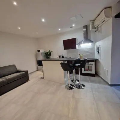 a living room with a couch and a kitchen at Vieille-Ville de Nice 2 pièces proche Mer in Nice