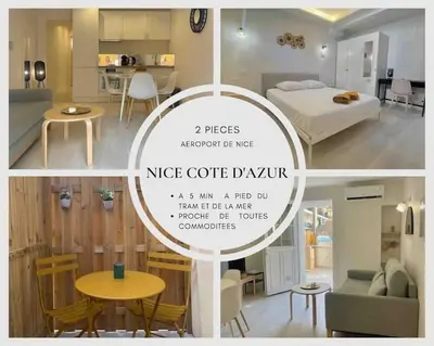 a collage of images of a bedroom and a living room at Le BASHKIR - SPACIEUX AVEC TERRASSE - WIFI - prés mer et aéroport - Tram et supermarchés in Nice