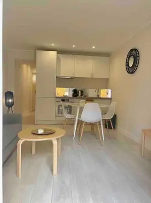 a kitchen and living room with a table and chairs at Le BASHKIR - SPACIEUX AVEC TERRASSE - WIFI - prés mer et aéroport - Tram et supermarchés in Nice