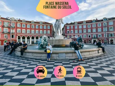 a picture of a fountain in front of a building at Le GRAND JEAN - CENTRAL PRES GARE ET TRAM - supermarchés - WIFI - 3 Person in Nice