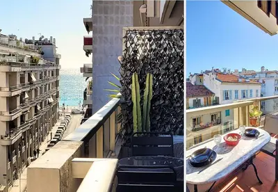a balcony with a table and chairs on a building at Nestor&Jeeves - LA NISSARDE TERRASSE - City center in Nice