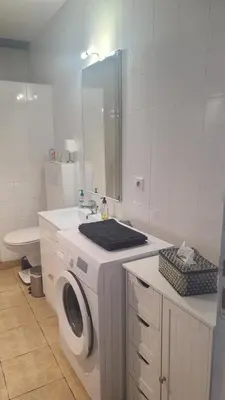 a bathroom with a washing machine and a sink at La Laghetanne, idéalement située entre Nice et Monaco Maison Indépendante Voiture indispensable in La Trinité