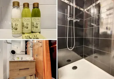 a bathroom with bottles of wine and a shower at Nestor&Jeeves - FLORIDA BEACH - Studio with balcony in Nice