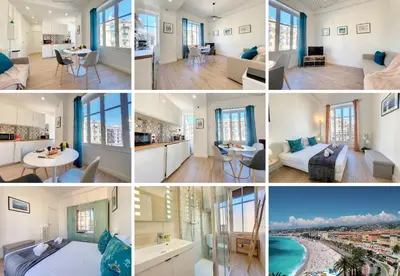 a collage of photos of a living room and dining room at Nestor&Jeeves - BLEU BUFFA - Central location in Nice