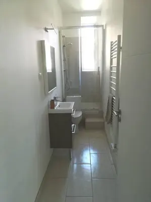 a bathroom with a sink and a shower and a mirror at Spacieux 4 pièces de type bourgeois Art-déco in Nice