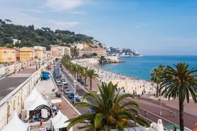 a view of a beach with palm trees and the ocean at MY CASA - ETATS UNIS 894 - Stunning on Sea Front w AC in Nice