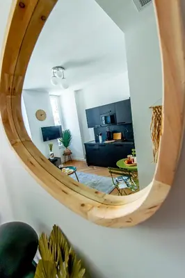 a living room with a mirror on the wall at 302b Beautiful studio refurbished Downtown / Ac in Nice