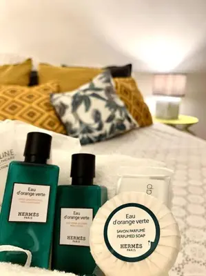 a bed with two bottles of detergents on it at Magenta - T2 Au Cœur Du Carré D'or De Nice in Nice