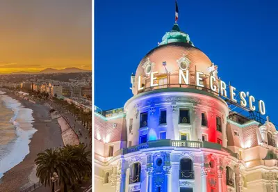 a building with a neon sign on it next to a beach at Nestor&Jeeves -PERLE DOREE - Terrace - Design in Nice