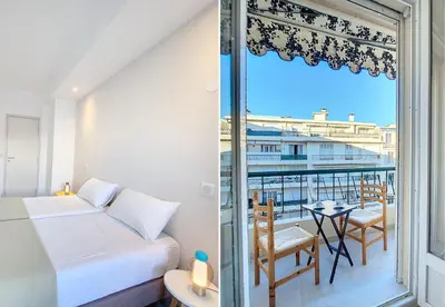 a bedroom with a bed and a balcony with a view at Nestor&Jeeves - CIEL AZUR - Terrace in Nice