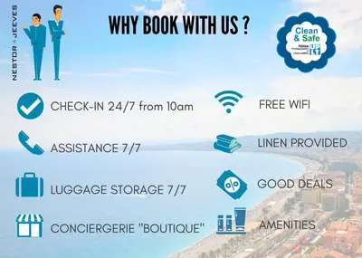 a screenshot of a webpage with the words why book with us at Nestor&Jeeves - BAIETA - Balcony in Nice