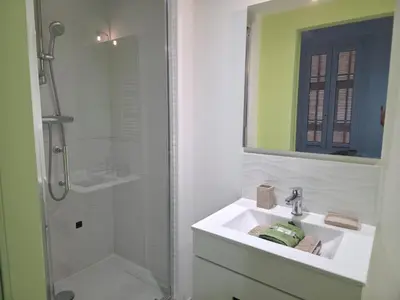 a white bathroom with a sink and a shower at Le Virenque in Nice