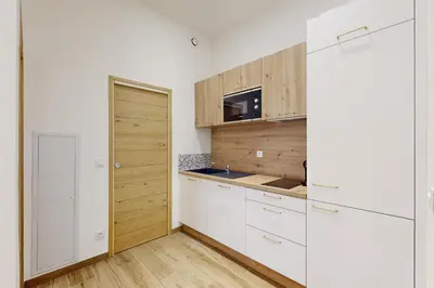 a kitchen with white cabinets and a wooden door at Suite Gold-Stars FSHH in Nice