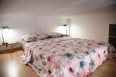 a bedroom with a bed with a floral bedspread and two lamps at Grand T1 proche Promenade des Anglais in Nice