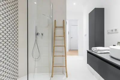 a bathroom with a shower with a wooden ladder at Franck Pilatte - Parking, Wifi, AC, 3pers in Nice