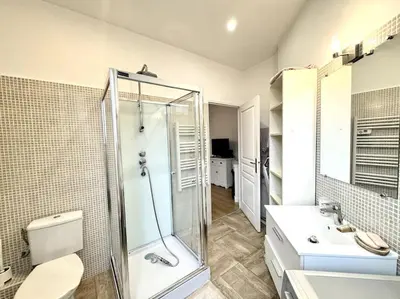 a bathroom with a shower and a toilet and a sink at Lumineux appartement deux pièces in Nice