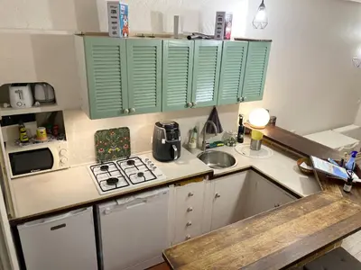 a small kitchen with green cabinets and a sink at Logement Atypique in Villefranche-sur-Mer