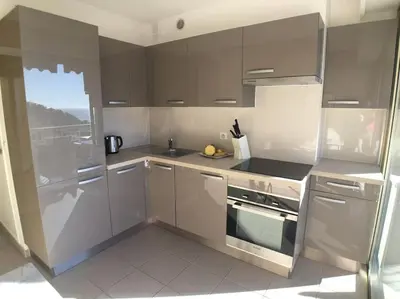 a kitchen with stainless steel appliances and gray cabinets at Appartement „Bellevue“ Villefranche-sur-Mer in Villefranche-sur-Mer