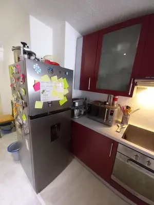 a kitchen with a stainless steel refrigerator with magnets at Les carlins in Nice