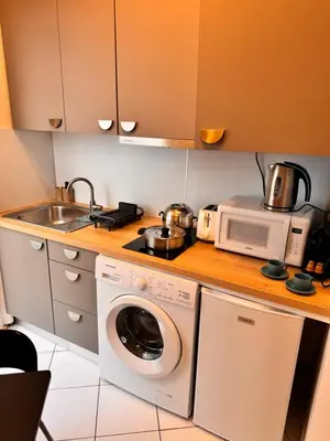 a kitchen with a washing machine and a microwave at Peaceful Flat w WiFi Very Close to Pl Massena Refurbished in Nice