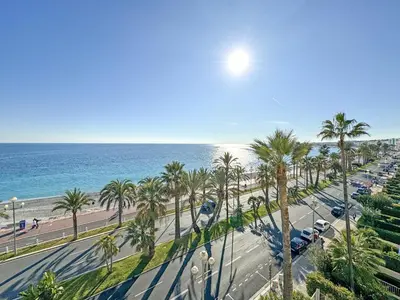 an aerial view of a street with palm trees and the beach at Cosy Sea Front Apartment Nice France in Nice