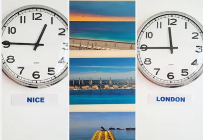 a collage of clocks with the time on them at Nestor&Jeeves - LA MAREE BLEUE - TERRACE - NEAR BEACH in Nice