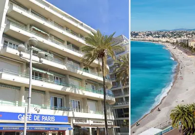 a hotel and a beach with a palm tree at Nestor&Jeeves - LA MAREE BLEUE - TERRACE - NEAR BEACH in Nice