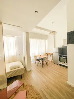a living room with a table and a kitchen at Alsace Lorraine - Wifi, 3 pers, hyper centre in Nice