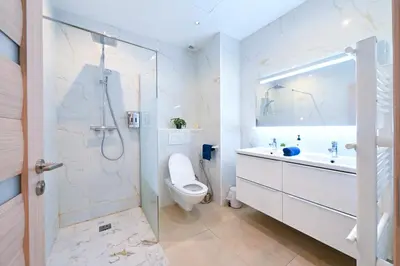 a bathroom with a shower and a toilet and a sink at Grand loft à deux pas de la mer n1 in Nice