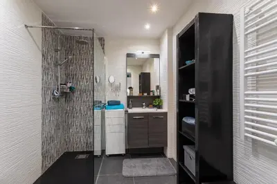 a bathroom with a shower and a sink at DOMAINE DES ROSES 3 AP4400 By Riviera Holiday Home in Nice