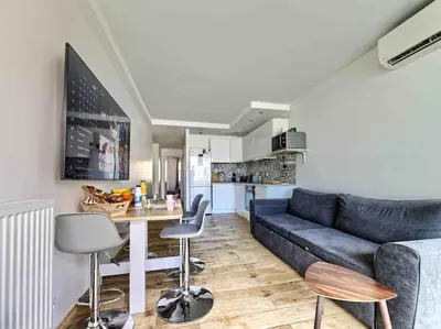 a living room with a couch and a table and a kitchen at 1 min to beach bedroom flat with 2 AC and parking in summer in Nice