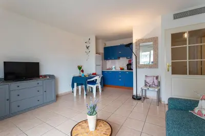 a living room with blue cabinets and a kitchen at PALAIS DES ARTS AP4399 By Riviera holiday homes in Nice