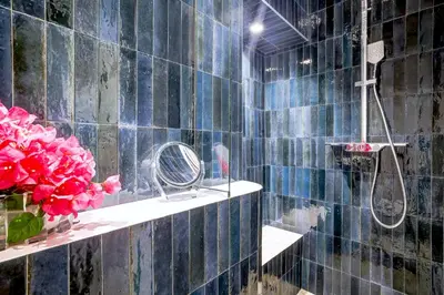 a blue tiled bathroom with a shower and pink flowers at Maison Bianchi - Hôtel des Postes in Nice