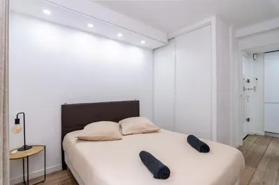 a white bedroom with a bed with two black pillows at Bel appartement - Nice centre in Nice