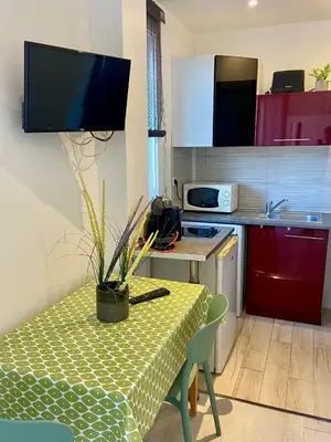 a small kitchen with a table with a green table cloth at STUDIO VERT FSHH in Nice