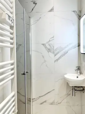 a bathroom with a glass shower and a sink at Luxuriously furnished bright newly renovated oasis in Nice