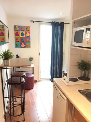 a kitchen with a table and a counter top at Hôtel du Petit Louvre in Nice
