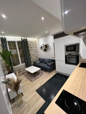 a kitchen and living room with a couch and a table at Port de Nice belle petite pépite in Nice