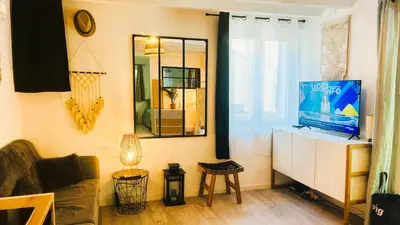 a living room with a couch and a tv and a mirror at Serenity - Garden Calm & Air Conditioning Downtown in Saint-Laurent-du-Var