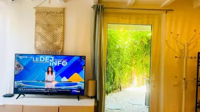 a television sitting on a stand next to a door at Serenity - Garden Calm & Air Conditioning Downtown in Saint-Laurent-du-Var