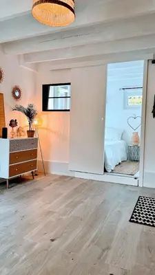 a room with a bedroom with a bed and a mirror at Serenity - Garden Calm & Air Conditioning Downtown in Saint-Laurent-du-Var