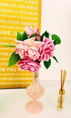 a glass vase with pink flowers in front of a sign at Serenity - Garden Calm & Air Conditioning Downtown in Saint-Laurent-du-Var