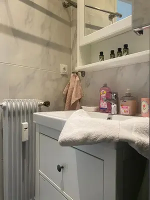 a bathroom with a sink and a counter top at Mirela's Private Room with key, AC, lift & balcony in the center of Nice on the Cote d'Azur in Nice