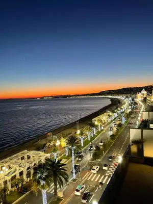 a city with a beach and the ocean at night at Royal lux promenade des anglais in Nice