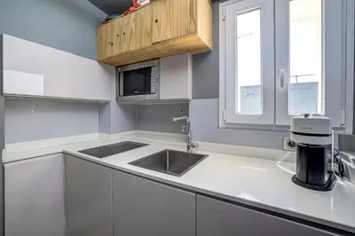 a white kitchen with a sink and a microwave at Maison Bianchi - Jean Médecin in Nice
